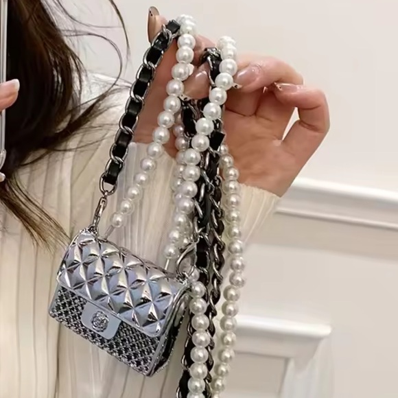Anthropologie Handbags - Anthropologie Mini Double Chain Pearl Silver Charm Belt/Bag